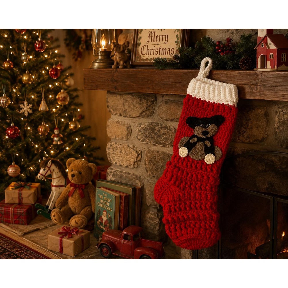 Crocheted Teddy Bear Christmas Stocking Red Knit Holiday Rustic Farmhouse chunky